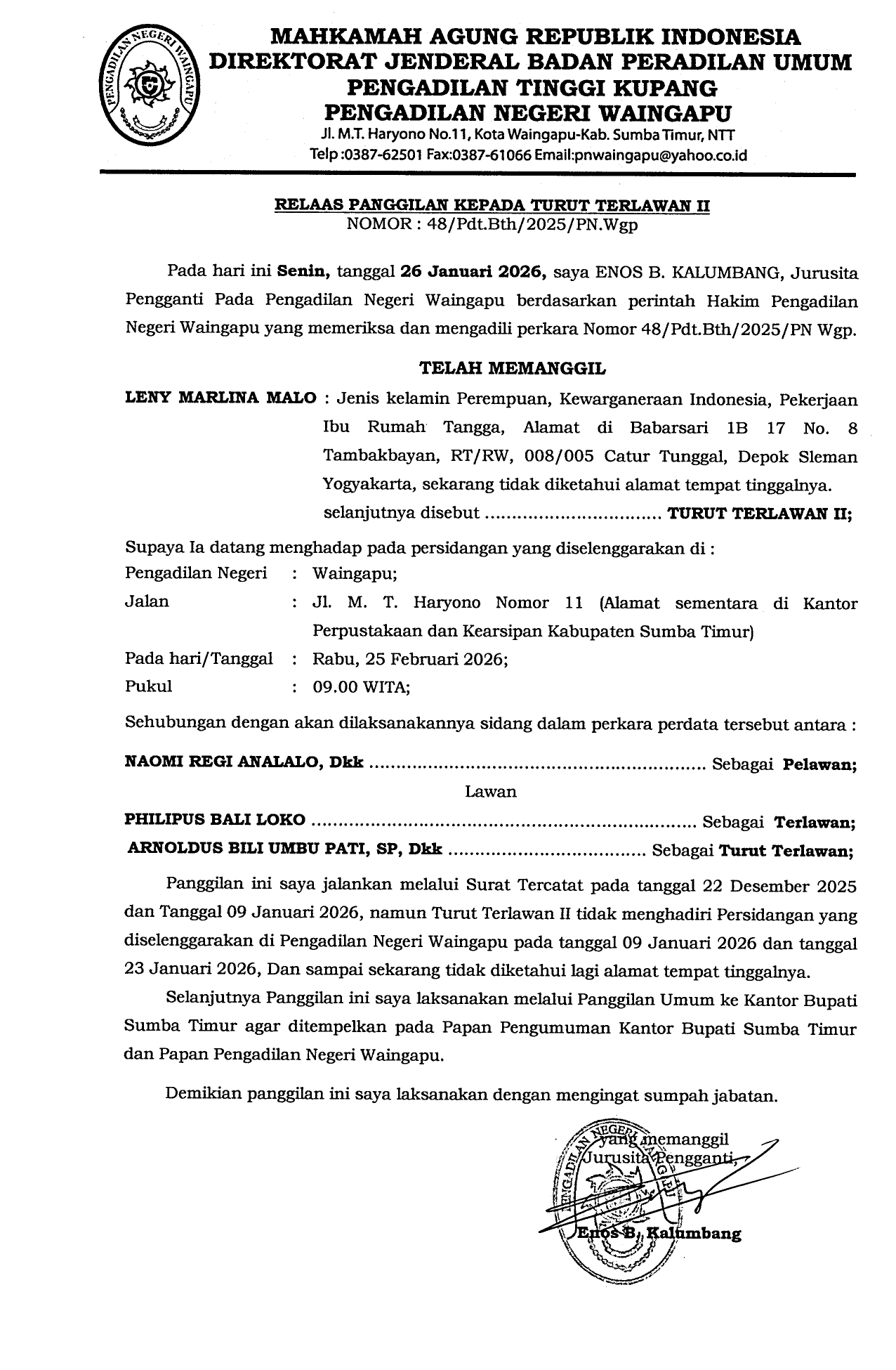 RELAS PANGGILAN KEPADA TURUT TERGUGAT TERLAWAN II