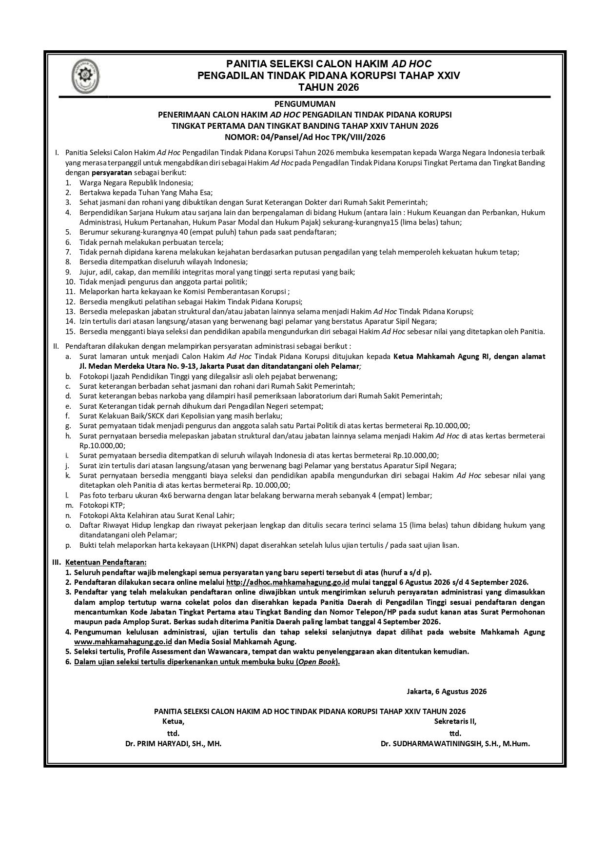 Pemberitahuan Rekruitment Calon Hakim Ad Hoc Tipikor th 2026 page 0001